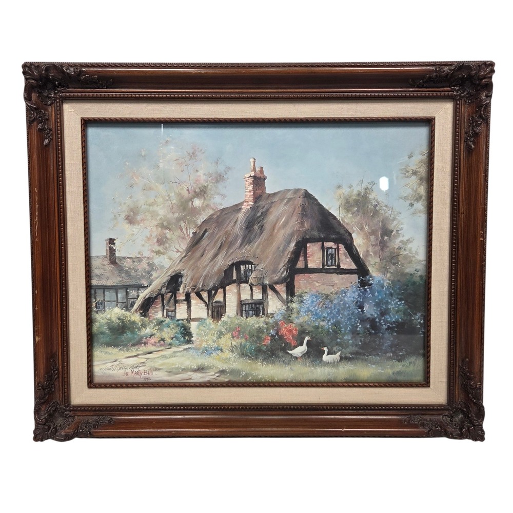 Marty Bell Morning Glory Cottage Art Print 18x22 Brown Framed Signed 101/550 86
